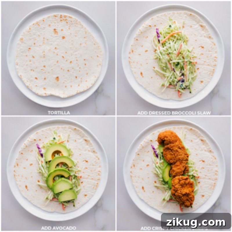 The Art of Assembling Perfect Asian Chicken Wraps Assembling the Asian Chicken Wraps, carefully layering each ingredient into a soft tortilla before rolling.