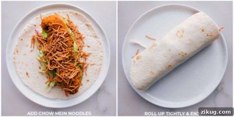 Adding the Perfect Crunch to Your Asian Chicken Wraps Crispy chow mein noodles being added generously on top of the assembled ingredients, just before the tortilla is rolled up.