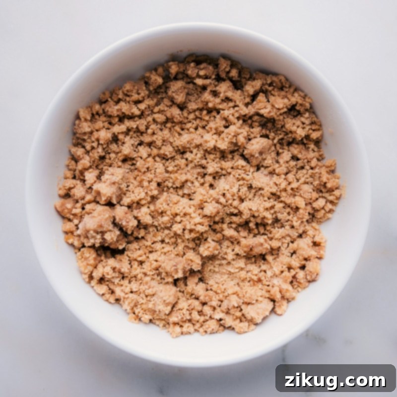 Overhead image of the finished streusel in a bowl, ready to be used as a delicious topping for various baked goods
