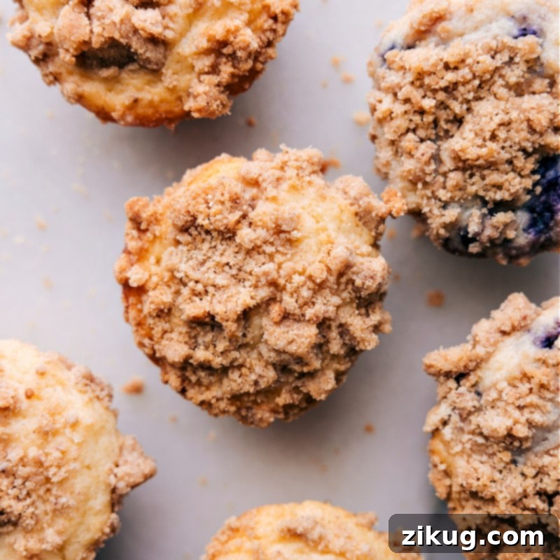 Overhead image of muffins with streusel on top, baked to golden perfection and ready to be enjoyed