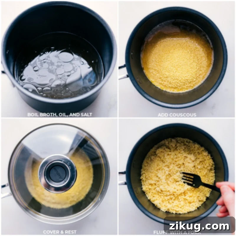 A visual sequence demonstrating the crucial steps of preparing couscous: boiling broth with olive oil and salt in a pot, then adding the couscous and covering it to steam. This image emphasizes the simplicity and speed of the cooking process.