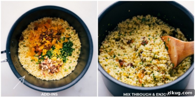 Close-up shot of hands adding various colorful mix-ins like dried apricots, chopped herbs, and toasted pine nuts into a bowl of freshly cooked couscous, highlighting the customizable flavor enhancement step.