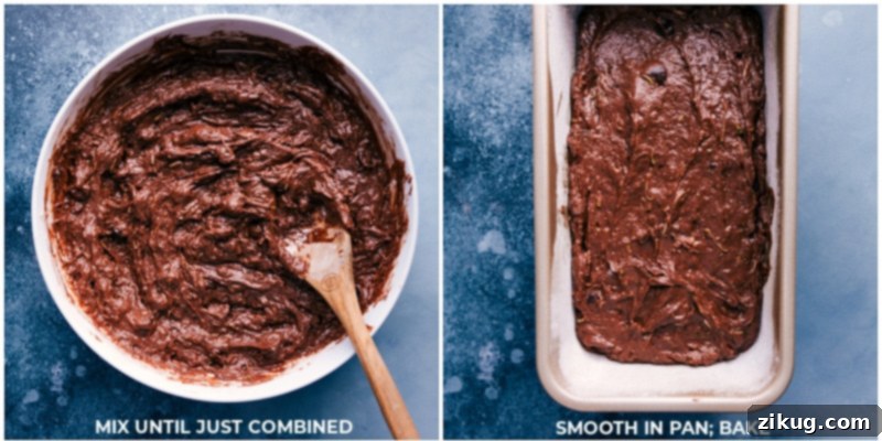 This rich Chocolate Zucchini Bread is moist, deeply chocolate, and completely irresistible! This zucchini bread also uses better-for-you ingredients — less sugar than most zucchini breads, Greek yogurt, dark chocolate, coconut oil, blended-up oats, and grated zucchini of course! Recipe via chelseasmessyapron #dessert #cocoa #healthy #breakfast #milk #chocolate #zucchini #bread Process shots showcasing the finished batter being poured into the loaf pan, ready for baking