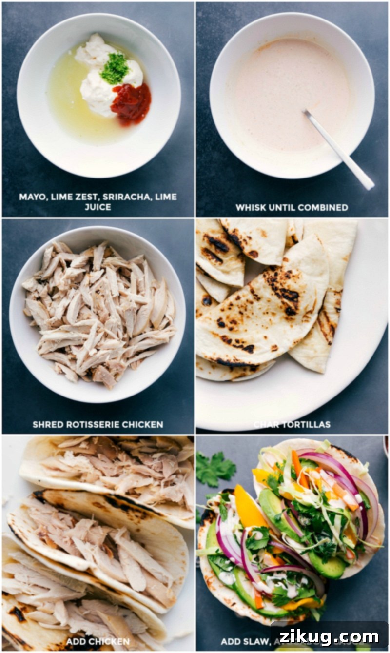 Preparing Asian Chicken Tacos: Making Taco Sauce, Shredding Chicken, Charring Tortillas, and Adding Slaw A beautifully composed flat lay image showcasing the various components required for preparing Asian chicken tacos, including a bowl of homemade taco sauce, a mound of perfectly shredded chicken, a stack of charred tortillas ready for filling, and a colorful bowl of fresh slaw, all arranged to highlight their deliciousness.