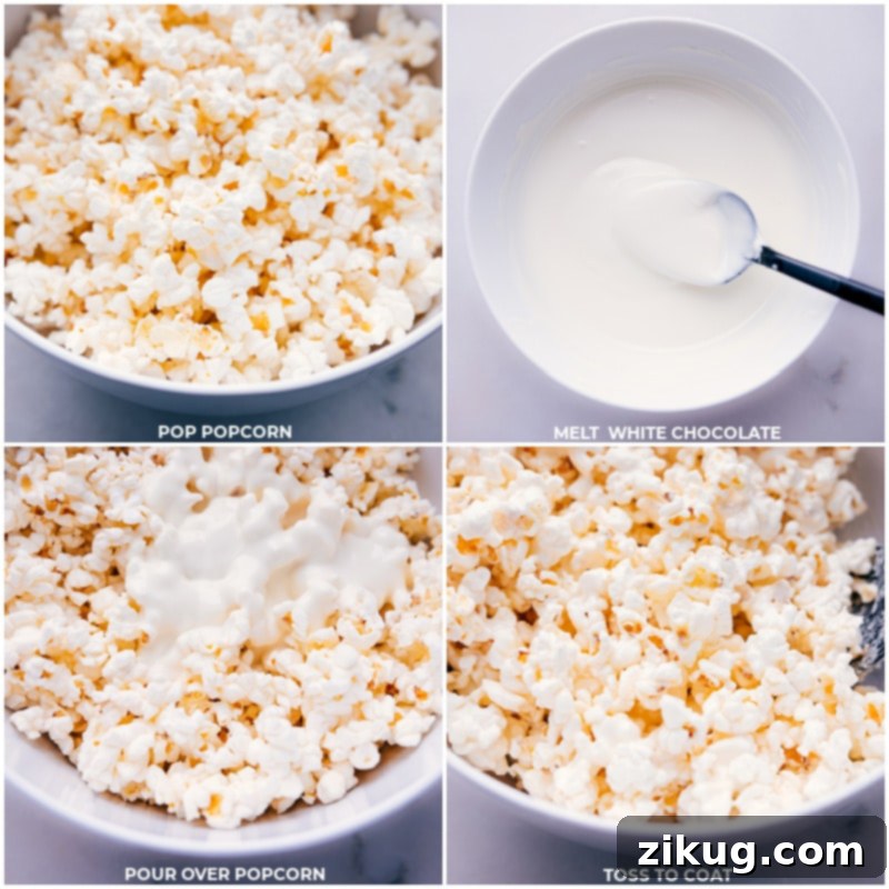 A series of process shots showing melted white chocolate being drizzled over a large bowl of popcorn, highlighting the coating process for St. Patrick's Day Popcorn.