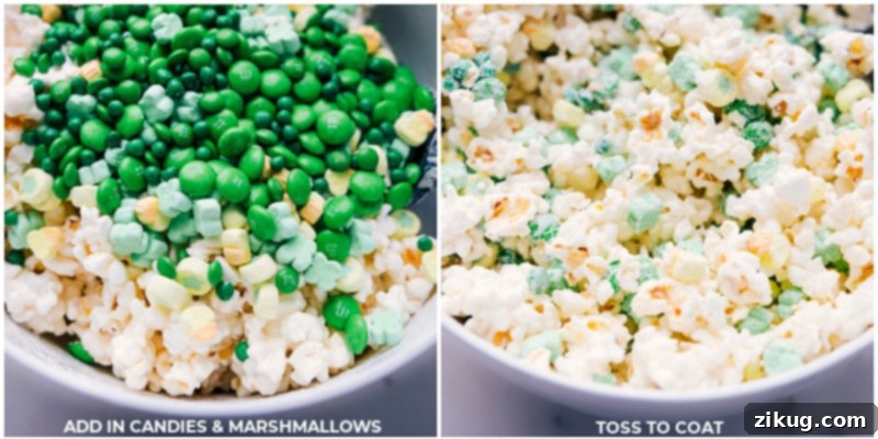 Process shots showing colorful M&M's and Lucky Charms marshmallows being mixed into white chocolate-coated popcorn for the St. Patrick's Day Popcorn recipe.