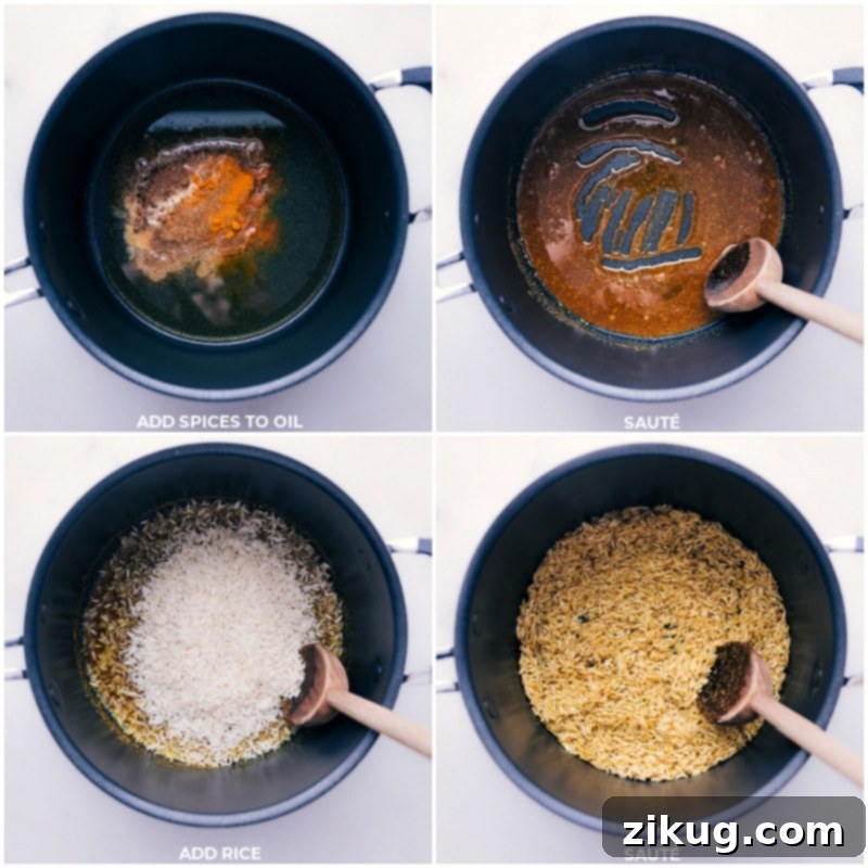 Process shots of Mujadara being prepared—images of the spices and rice being sautéed in a pot