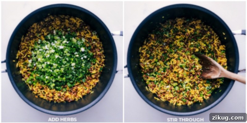 Process shots of Mujadara- images of the herbs being mixed through the rice and lentils
