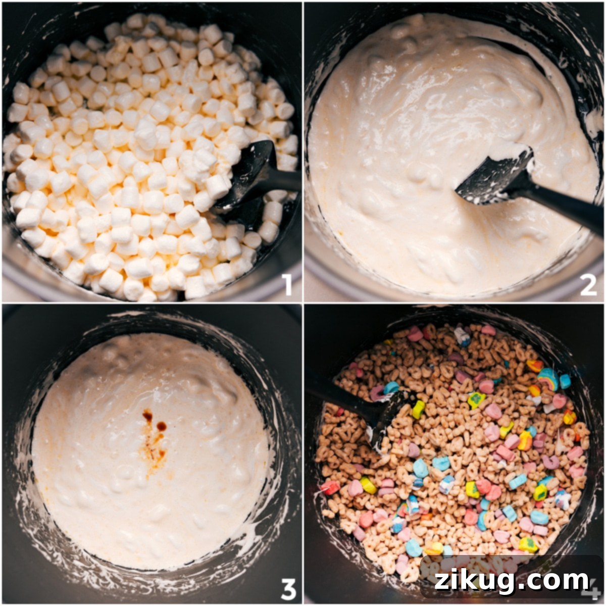 Close-up view of marshmallows melting down with vanilla, ready for Lucky Charms cereal to be added to create these delightful bars.