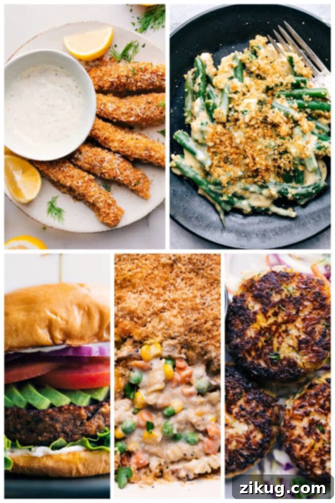 Collage of 5 recipes including fish sticks, green bean casserole, black bean burgers, chicken noodle casserole, and tuna patties, all enhanced with panko.