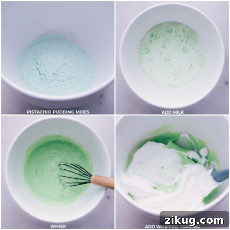 Process shots showing ingredients for Pistachio Icebox Cake being mixed: instant pistachio pudding mix, cold milk, and frozen whipped topping in a bowl, being whisked together.