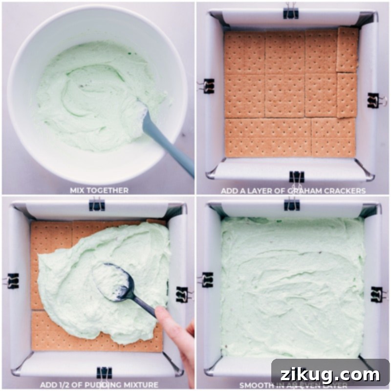 Process shots of Pistachio Icebox Cake showing graham crackers being layered in the pan, followed by a thick spread of the pistachio pudding mixture.