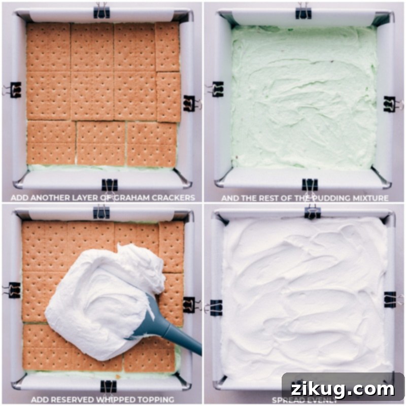 Process shots of Pistachio Icebox Cake showing the final layers of graham crackers, pistachio pudding, and whipped cream being assembled in the baking pan before chilling.