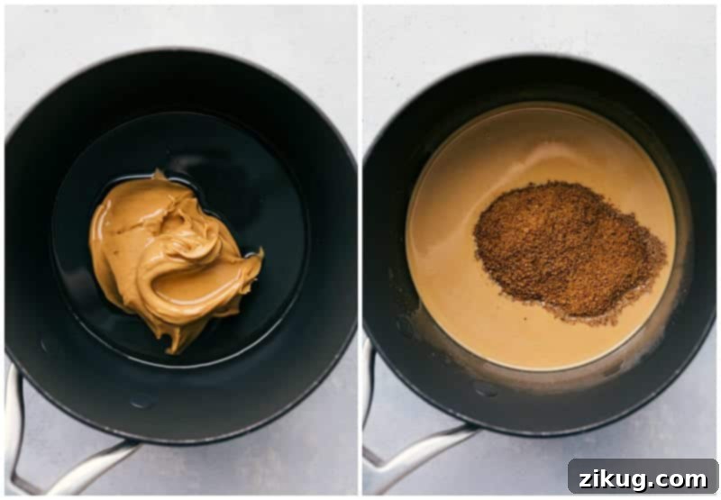 The famous chocolate and peanut butter no-bake cookies can be made with better-for-you ingredients (no refined sugars). These easy Healthy No-Bake Cookies can be made in 15 minutes or less and are truly the best! Making Healthy No-Bake Cookies - Mixing ingredients in the pot for Healthy No-Bake Cookies