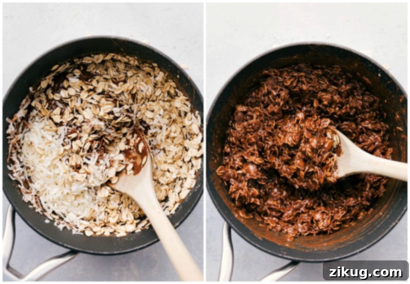 The famous chocolate and peanut butter no-bake cookies can be made with better-for-you ingredients (no refined sugars). These easy Healthy No-Bake Cookies can be made in 15 minutes or less and are truly the best! Adding in the oats to the pot for Healthy No-Bake Cookies.
