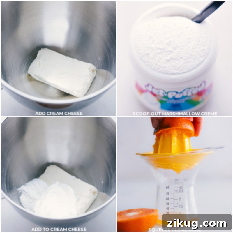 Process images showing a block of softened cream cheese, marshmallow creme being added, and clementine juice being poured into a mixing bowl
