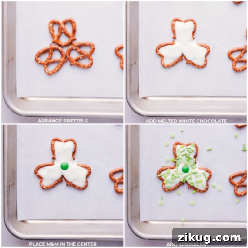 Pretzel Shamrocks -- perfect for St. Patrick's Day! These shamrocks double as both a sweet treat and cute table decor. Whether you're looking for a fun activity to do with the kids or a last-minute party snack, these Pretzel Shamrocks are the perfect thing to make! Step-by-step images showing pretzels arranged, melted white chocolate being added, and green candies/sprinkles decorating the shamrocks.