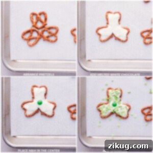 Lucky Shamrock Pretzels 3 Melted white chocolate being smoothed into a pretzel shamrock.