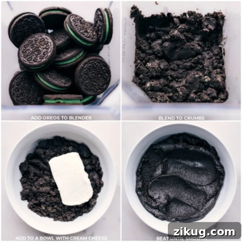 Process shots of Mint Oreo Truffles-- images of the Oreos being added to a blender and being blended; then the oreo crumbs being combined with cream cheese