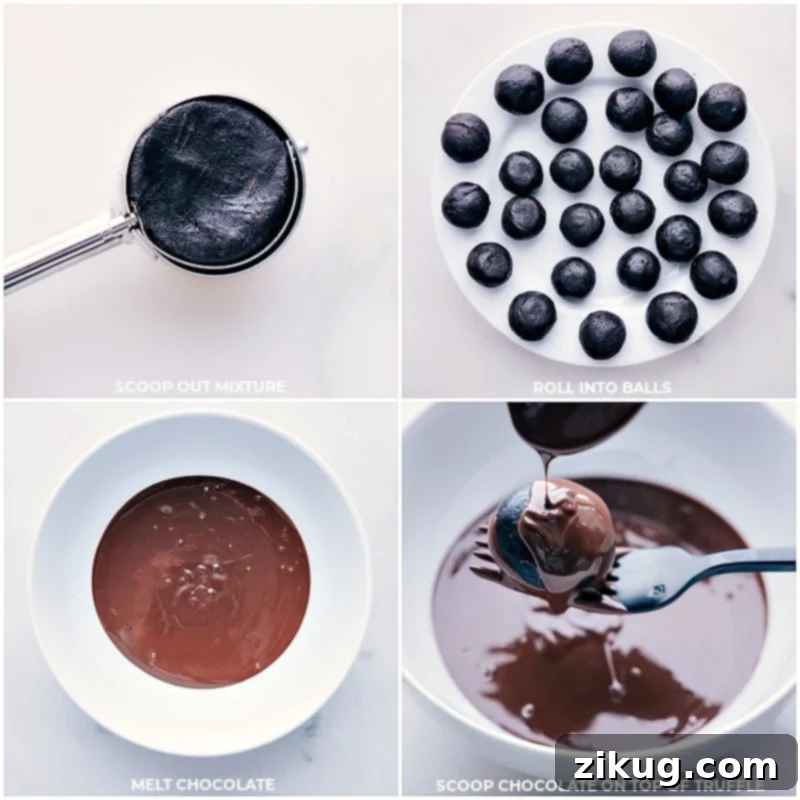 Process shots-- images of the balls being scooped and dipped in chocolate