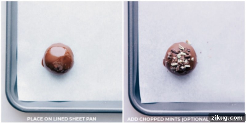 Process shots of Mint Oreo Truffles-- images of the chopped mints being added on top of the balls