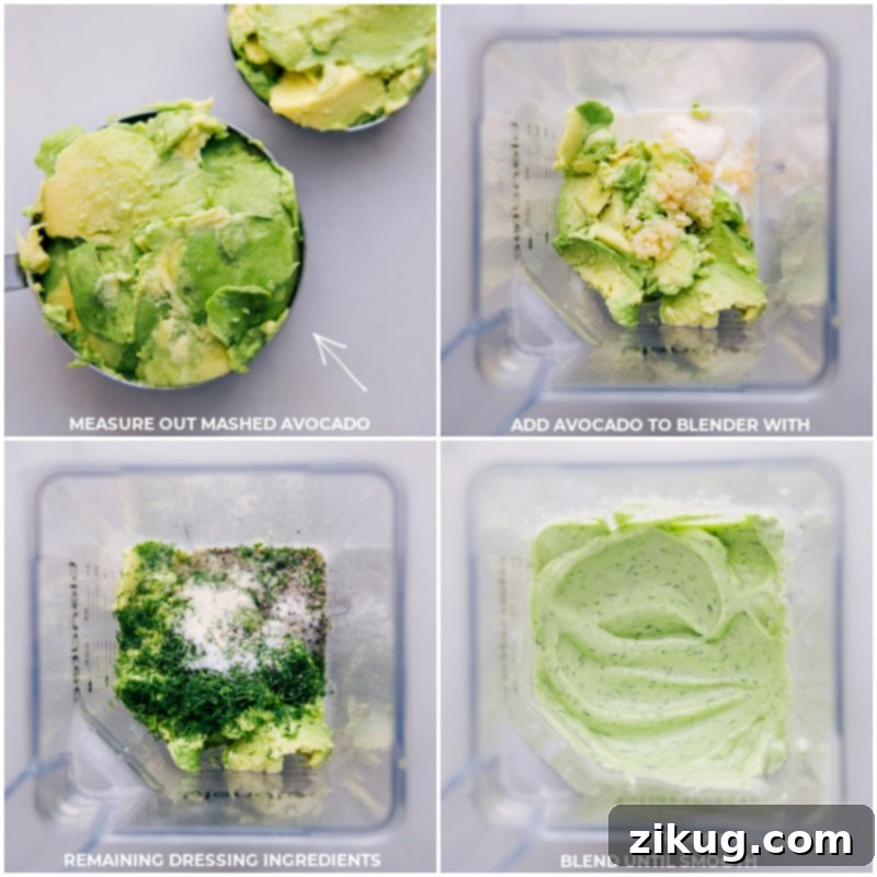 Preparing the Creamy Avocado Ranch Dressing Process shots showing creamy avocado being added to a blender with other dressing ingredients for the BLT Pasta Salad.