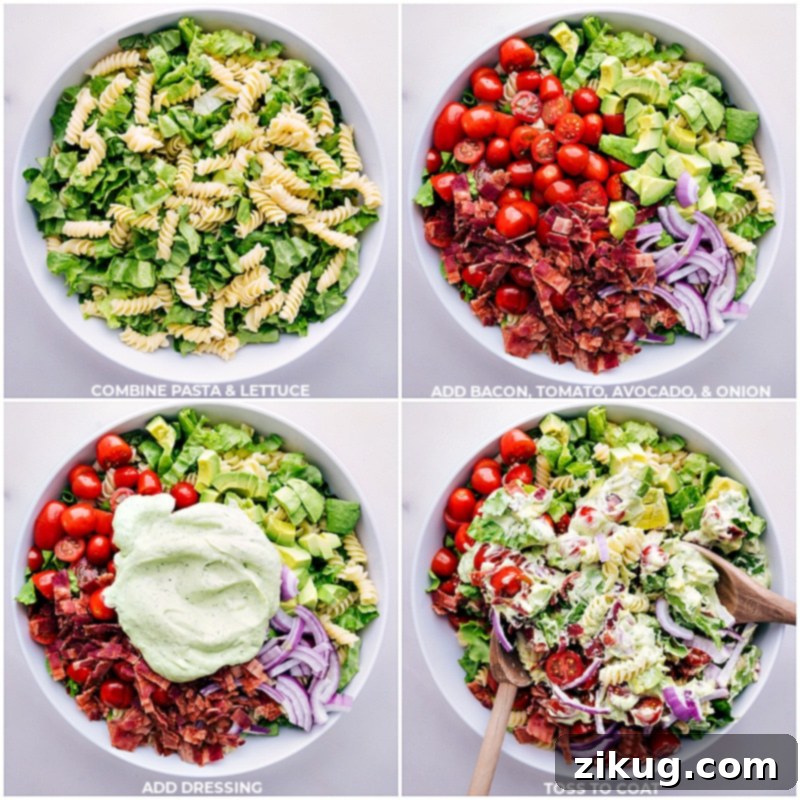 Assembling and Tossing the BLT Pasta Salad Process shots showing cooled pasta, chopped lettuce, crispy bacon, halved cherry tomatoes, diced avocado, sliced red onion, and avocado ranch dressing being combined in a large bowl and gently tossed for BLT Pasta Salad.