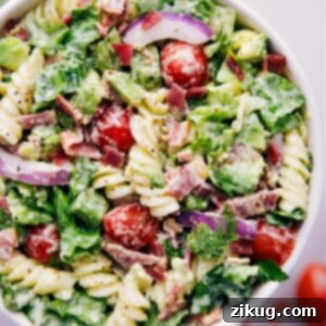 Delicious BLT Pasta Salad with creamy avocado ranch dressing.