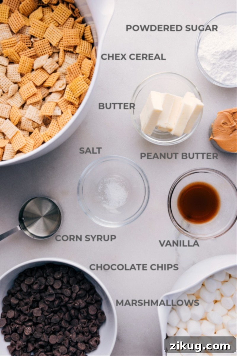 Flat lay image displaying all the essential ingredients for making Muddy Buddy Bars, including Chex cereal, marshmallows, chocolate chips, peanut butter, and powdered sugar.