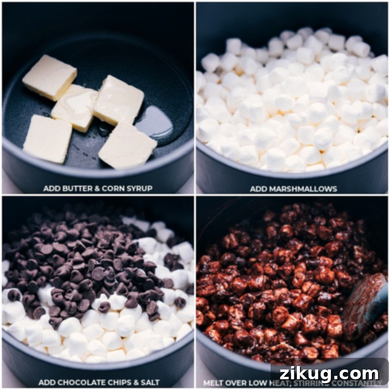 Process shots showing butter, corn syrup, marshmallows, chocolate chips, and a pinch of salt being added sequentially to a pot on the stove.