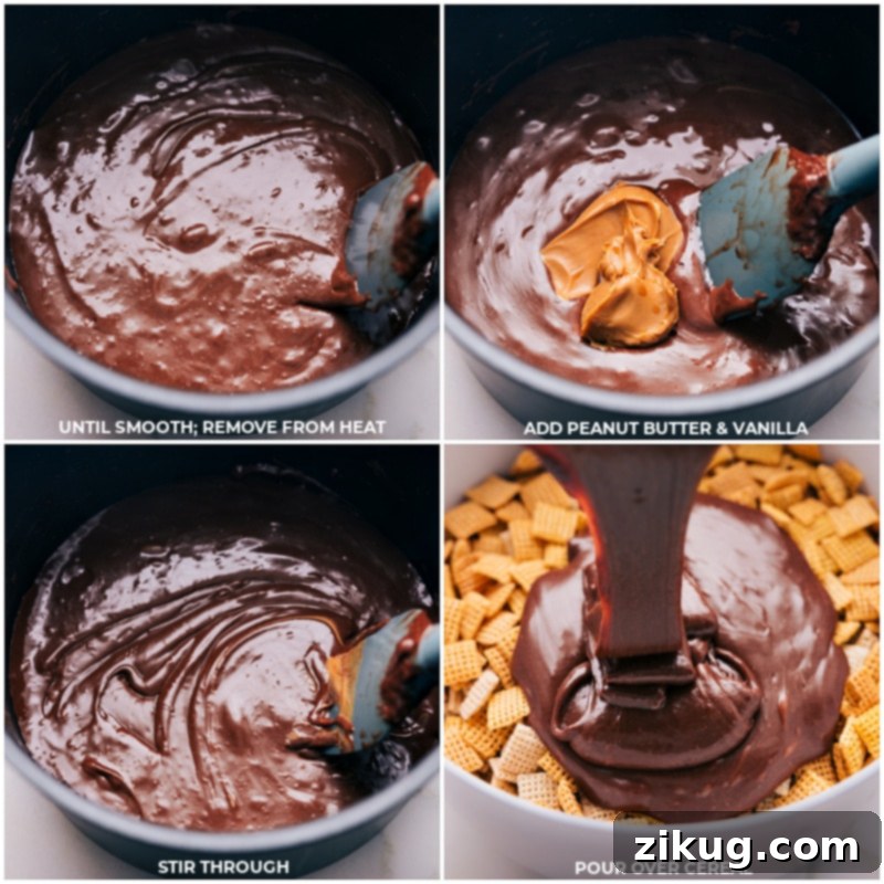 Process shots of the melted chocolate and peanut butter mixture being poured over and gently combined with the Chex cereal in a large bowl.