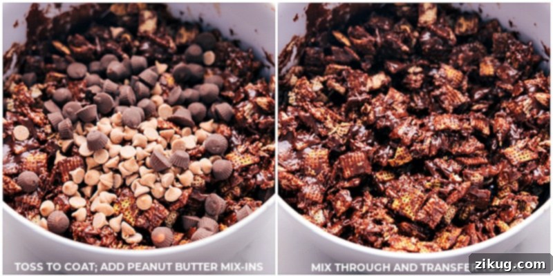 Process shots showing Reese's peanut butter chips and mini Reese's cups being added to the coated Chex cereal, then gently tossed together in a large bowl.