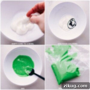 Lucky Shamrock Swirl Buns 5 Image showing green food coloring being mixed into cinnamon roll frosting.