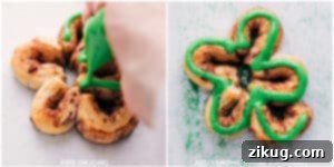 Lucky Shamrock Swirl Buns 6 Image showing baked shamrock cinnamon rolls being decorated with green icing and sanding sugar.