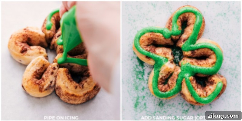 St. Patrick's Day is just around the corner and what better way to celebrate than with some delicious Shamrock Cinnamon Rolls? These adorable treats are not only festive and fun, but they're also incredibly easy to make. With just a can of refrigerated cinnamon rolls and some green food coloring, you can transform a classic breakfast pastry into a holiday masterpiece that kids and adults alike will love! Recipe via ChelseasMessyApron.com #cinnamonrolls #breakfast #shamrock #Stpatricksday #holiday #treat Process shots of shamrock cinnamon rolls: showing how to pipe green icing onto the baked cinnamon roll shamrocks and optionally add green sanding sugar.
