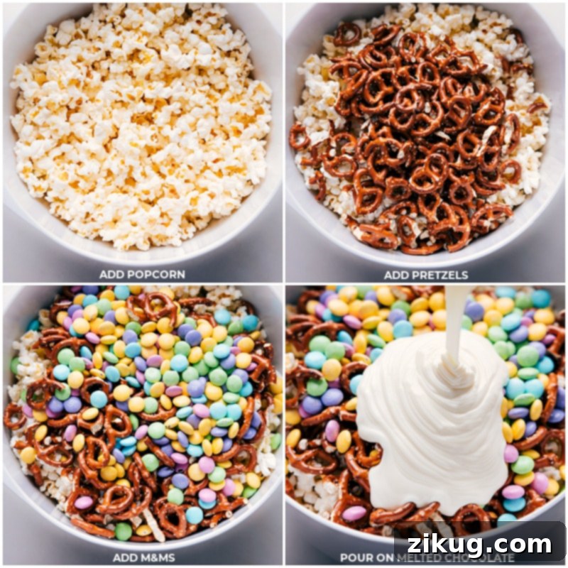 Step-by-step images showing the process of making Easter Popcorn, starting with popcorn, pretzels, and M&M's in a large bowl, followed by melted white chocolate being poured over the mixture.