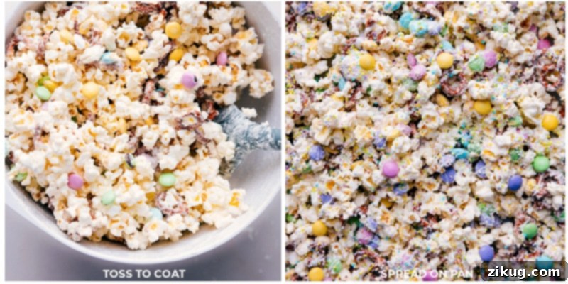 Process images of Easter Popcorn being tossed in a large bowl to coat with white chocolate, then spread out onto a sheet pan for setting, adorned with colorful sprinkles.