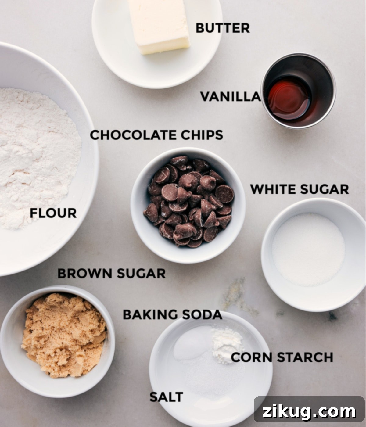 Ingredients In Single Serving Chocolate Chip Cookies All the ingredients prepped out for easy assembly of the single serving chocolate chip cookie recipe.