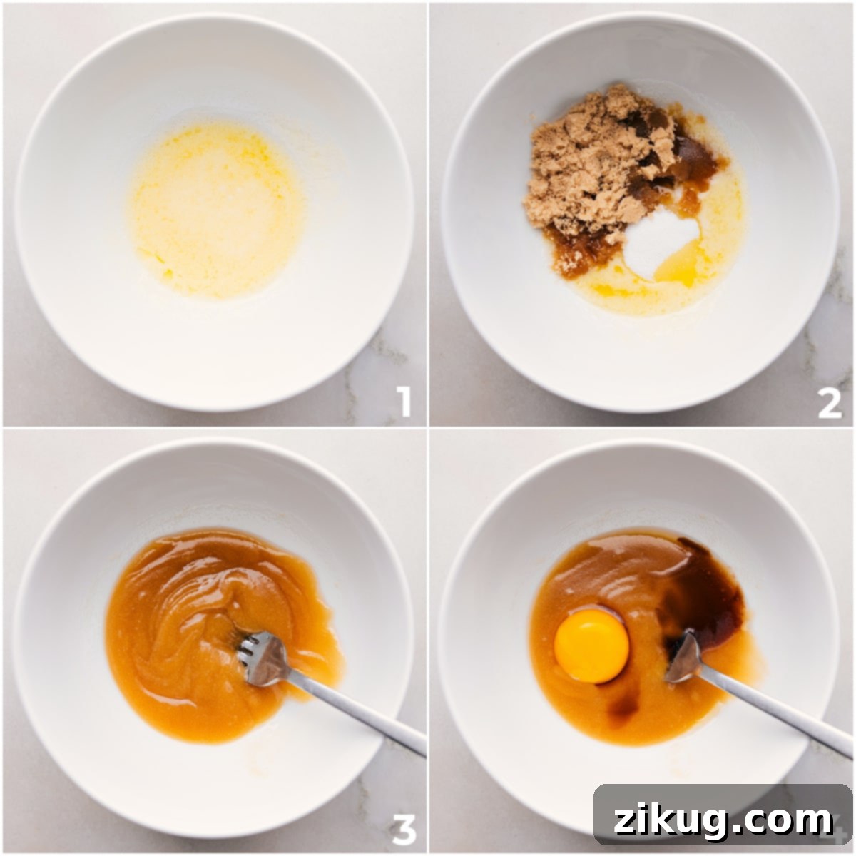 Making The Best Single Serve Chocolate Chip Cookie The wet ingredients being whisked together in a bowl for this single serve chocolate chip cookie.