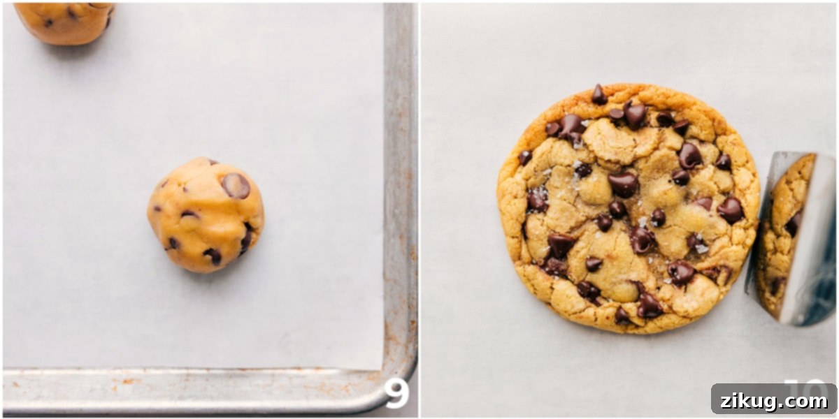 Baking Chocolate Chip Single Serve Cookies The dough ball being placed on a sheet pan and the single serve chocolate chip cookie being baked.