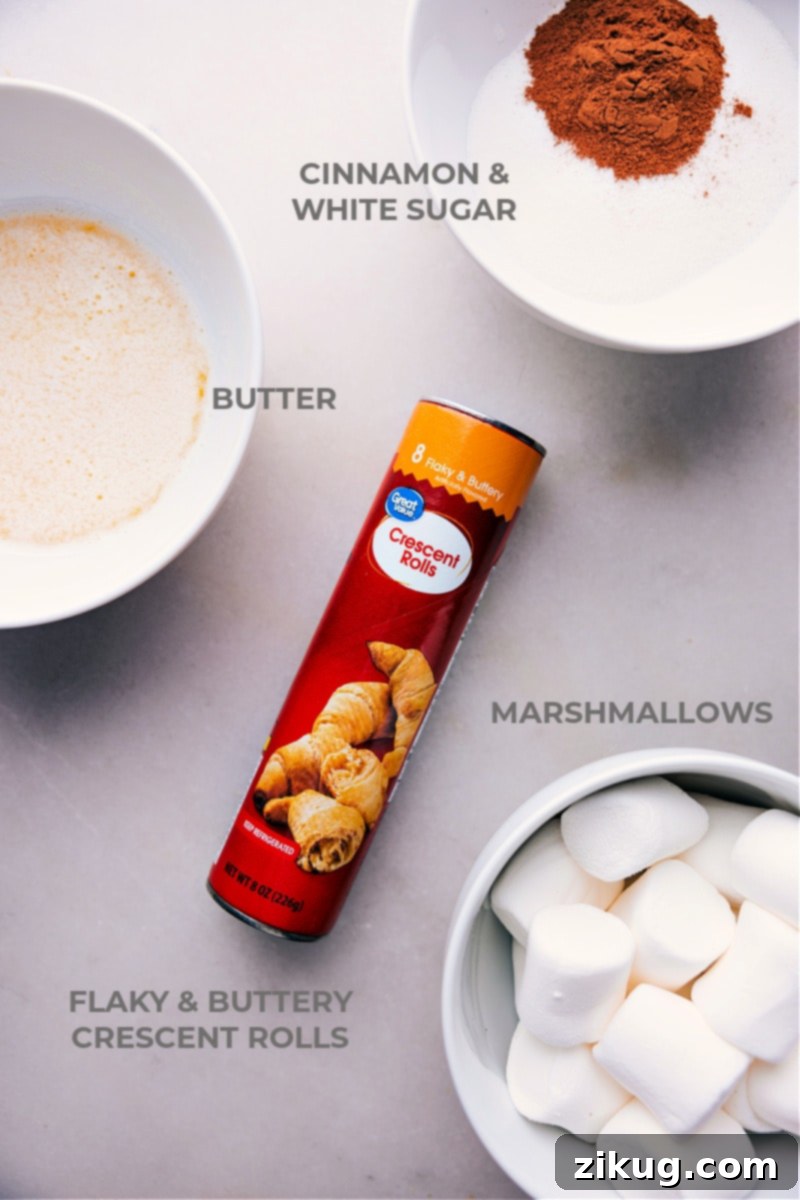 Simple Ingredients for Delicious Empty Tomb Rolls All the essential ingredients for making Empty Tomb Rolls—cinnamon, granulated sugar, melted butter, and large marshmallows—neatly arranged on a rustic wooden board, prepped and ready for the baking process.