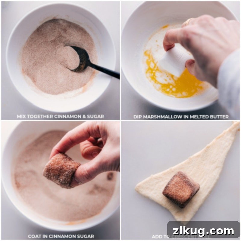 Preparing Marshmallows for the Empty Tomb Rolls A visual step-by-step: marshmallows being dipped in melted butter, then coated generously in a cinnamon sugar mixture, and finally expertly wrapped within a crescent roll dough, ready to become Empty Tomb Rolls.