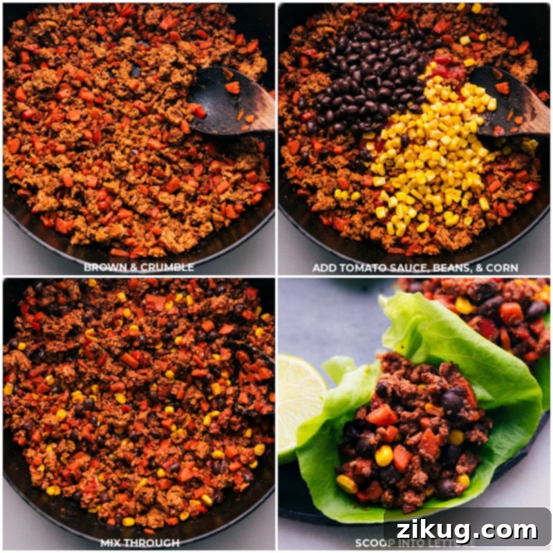 Simmering Turkey, Beans & Corn for Flavorful Lettuce Wraps Mid-cooking process shot of the Turkey Lettuce Wraps filling, showing the rich tomato sauce, black beans, and sweet corn simmering together with the ground turkey and vegetables, enhancing the flavors and creating a perfectly balanced mixture.
