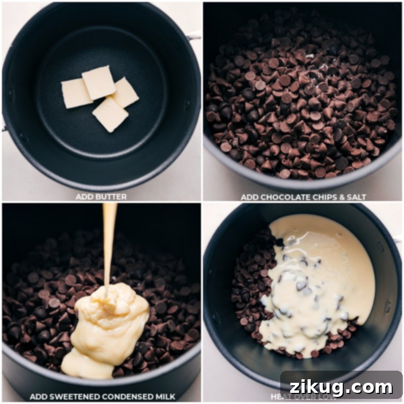 Process shots of Easter Chocolate Creme Egg Fudge, showing butter, chocolate chips, salt, and sweetened condensed milk being added to a pot and melted gently.