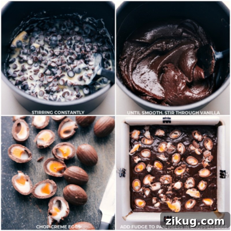 Process shots showing the chocolate mixture being stirred until smooth, followed by Cadbury Creme Eggs being cut and pressed into the fudge.