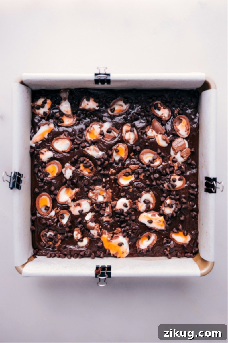 Up-close overhead image of the finished Easter Chocolate Egg Fudge, perfectly cut and ready to be enjoyed.