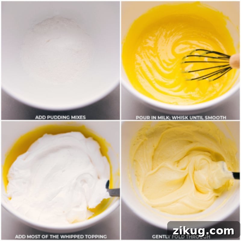 Detailed process shots show pudding mixes and milk being vigorously whisked together in a bowl, followed by thawed whipped topping gently folded into the smooth lemon pudding mixture.