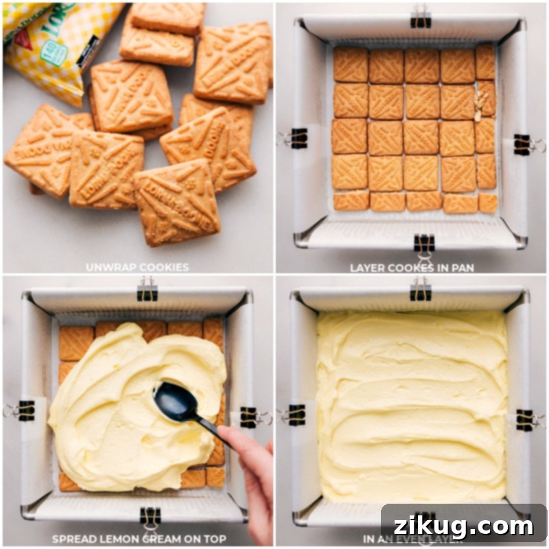 Step-by-step process of assembling the Lemon Icebox Cake, showing shortbread cookies being unwrapped and meticulously arranged in a baking pan, followed by a layer of the lemon pudding mixture being spread evenly over the cookies.