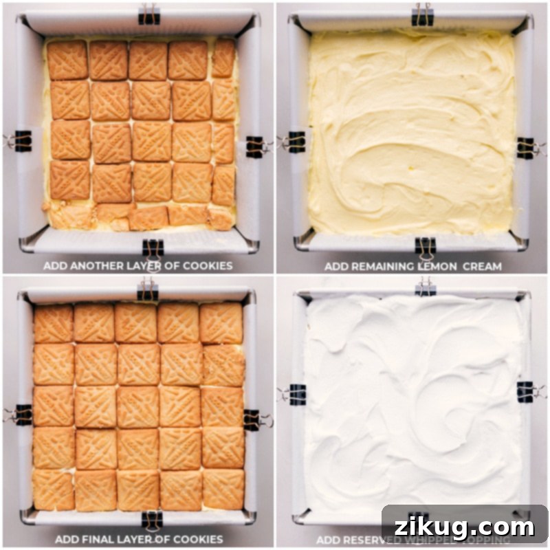 The final stages of Lemon Icebox Cake assembly, showing the last layers of cookies and whipped topping being meticulously spread, preparing the cake for chilling.