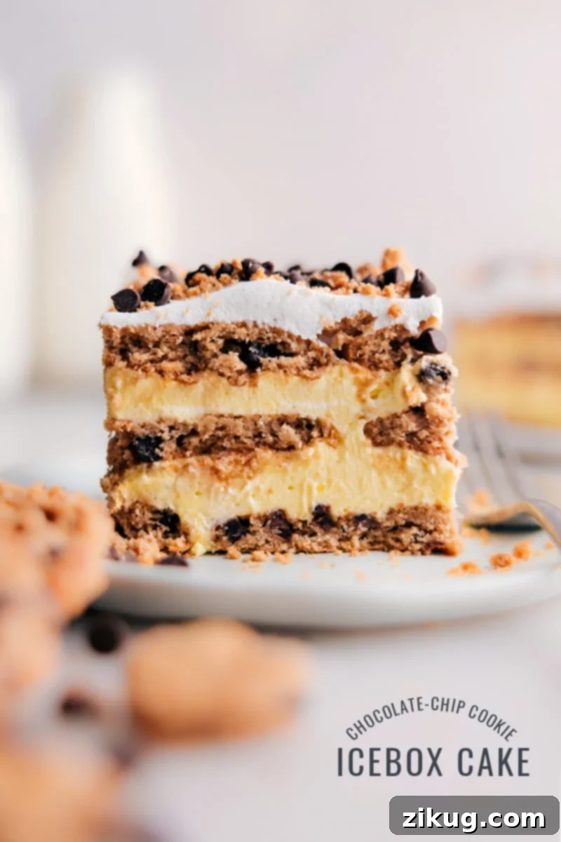 Looking for an impressive dessert that won't take hours in the kitchen? Then, you've got to try this Chocolate Chip Cookie Icebox Cake! With only four ingredients, you can create a rich, creamy, and truly decadent dessert that will leave everyone wanting more! Recipe via chelseasmessyapron #dessert #best #quick #easy #simple #familyfriendly #kidfriendly #chocolatechip #cookie #iceboxcake A perfectly sliced piece of Chocolate-Chip Cookie Icebox Cake on a white plate, showcasing its creamy layers and cookie base. Delicious and ready to eat.